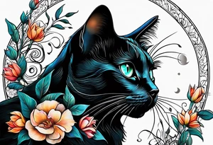 Photo realistic black cat with moon and flowers tattoo idea