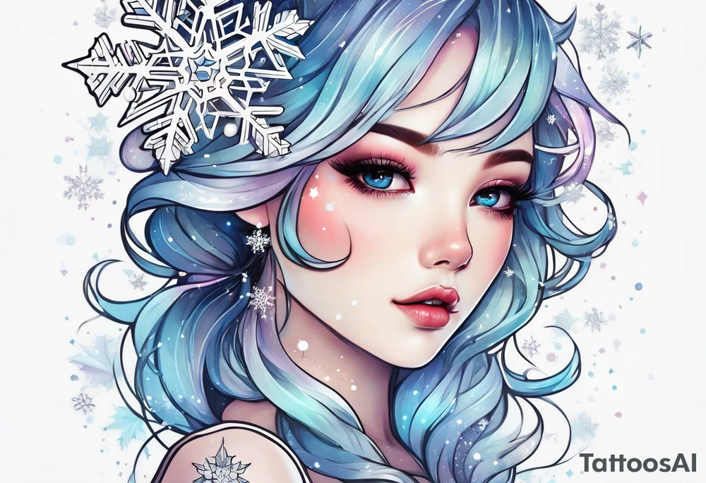 Constellation, kawaii girl , snowflake tattoo idea