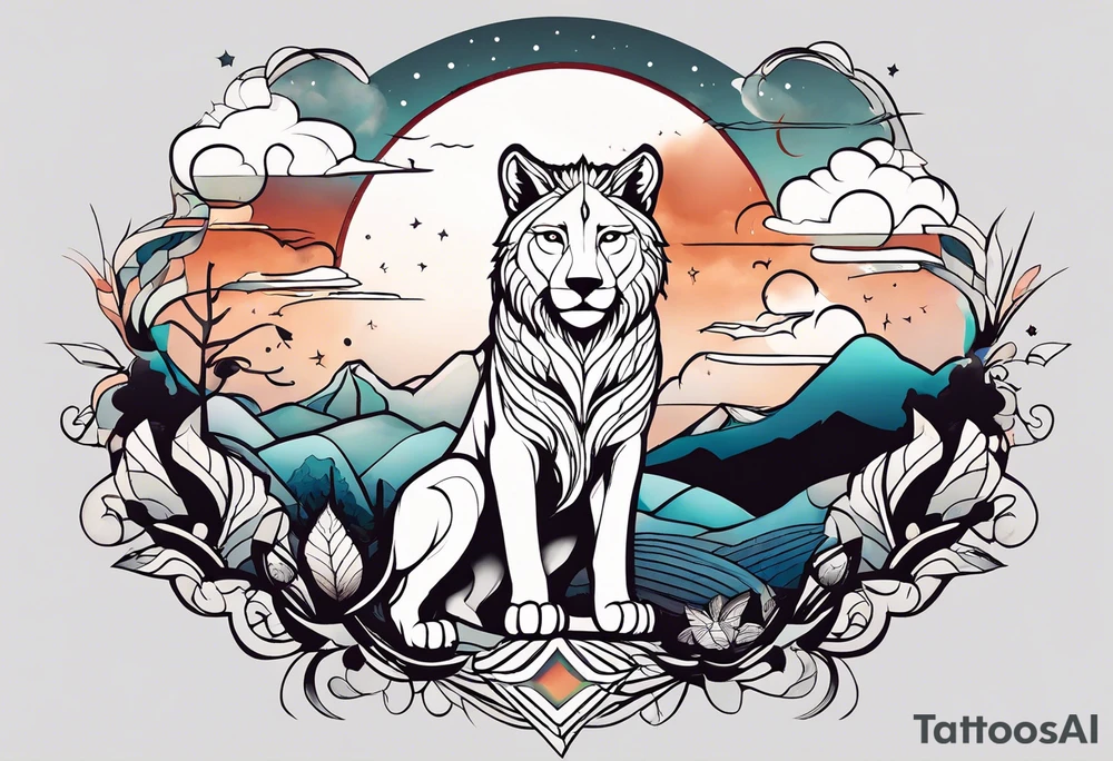 An minimalistic lioness, a minimalistic wolf and a minimalistic owl in front of a incredible sky. tattoo idea