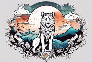 An minimalistic lioness, a minimalistic wolf and a minimalistic owl in front of a incredible sky. tattoo idea
