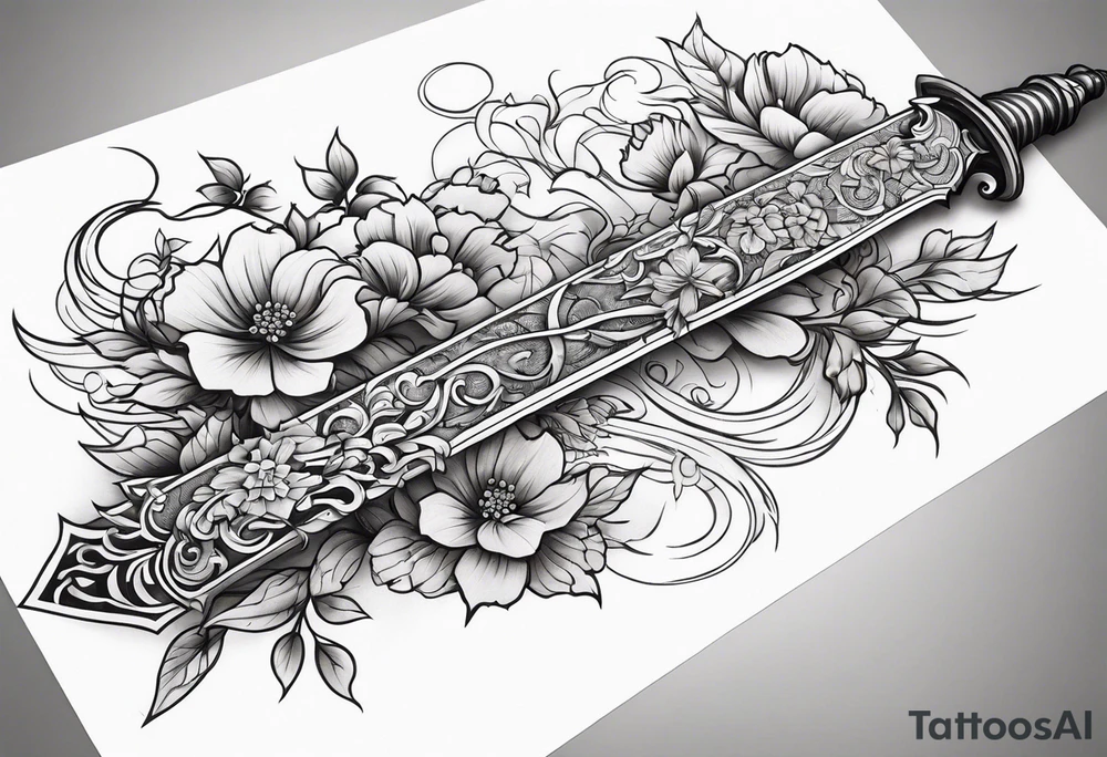 a sword with vines and flowers wrapped around it tattoo idea