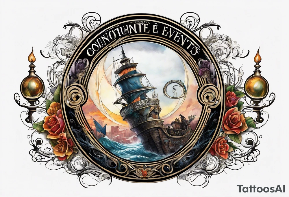 Cohesive sleeve with elements from 1984, a series of unfortunate events, tattoo idea