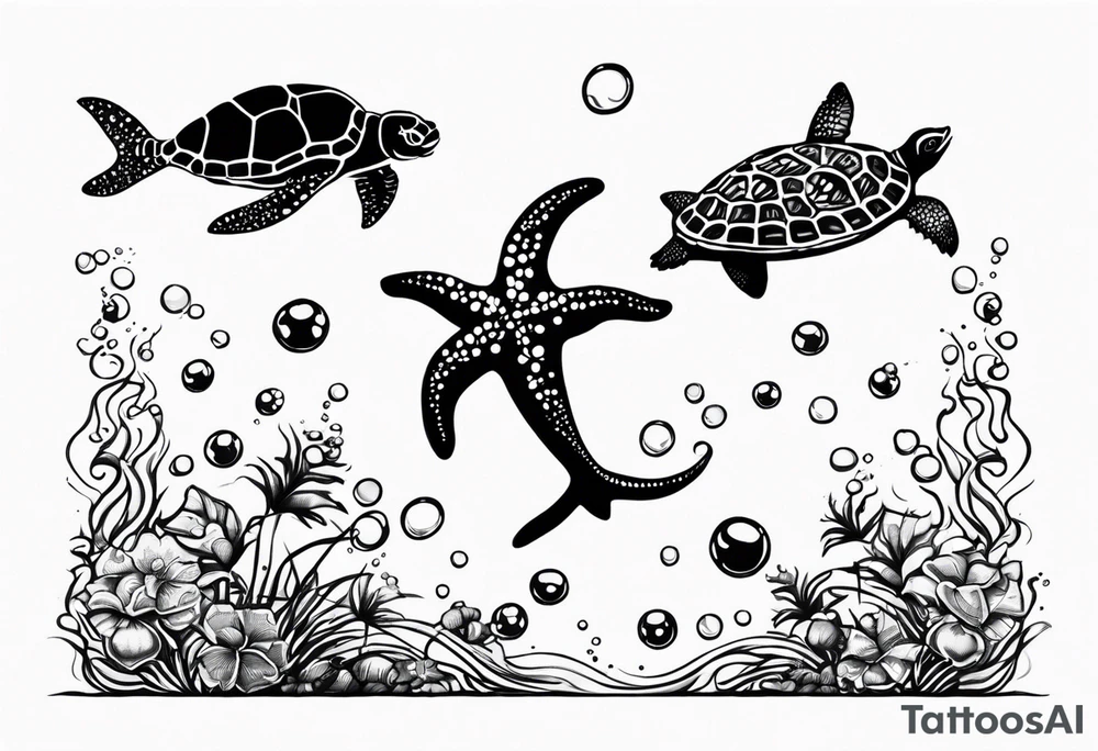Small Starfish, Seahorse and turtle in a vertical line with bubbles tattoo idea Small Starfish, Seahorse and turtle in a vertical line with bubbles tattoo idea