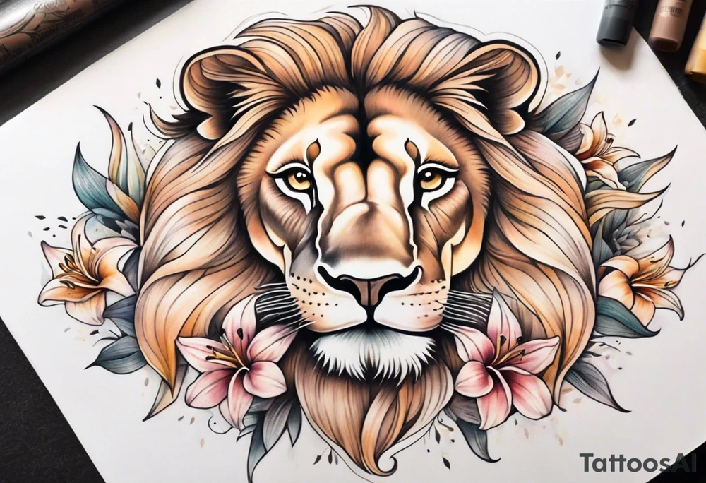 light brown pastel lion face with lily flowers in pastel colors covering it, cool tones for half arm sleeve tattoo idea