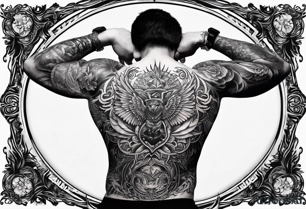 An aesthetic tattoo that is placed on the upper back of a male. It should represent catholic religion, discipline, pain and the love to animals. tattoo idea