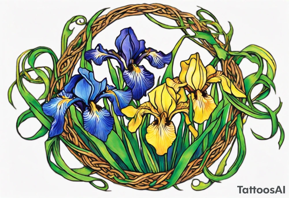 Create a small thick colorful Vincent van Gogh Irises tattoo , with vines in Celtic knots gracefully intertwining at a central point in the middle of the wreath.  The intended placement is on the upper chest. The overall design should be small in size while maintaining a delicate and artistic aesthetic. Pay attention to the graceful flow of the vines and the placement of the irises to achieve a refined and elegant look. Mountains need to be inside the design tattoo idea