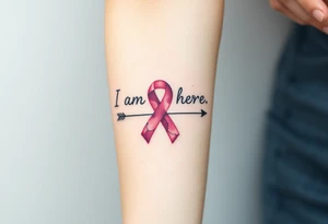 ‘I am here’ with breast cancer pink ribbon arrow heartbeat rhythm tattoo idea