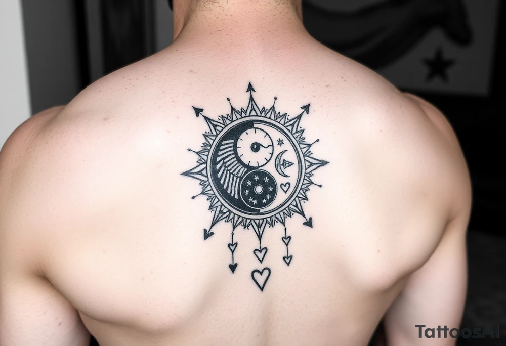 Gemini, sagittarius, yin and yang, sun and moon, with stars, and hearts tattoo idea