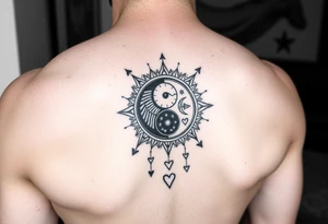 Gemini, sagittarius, yin and yang, sun and moon, with stars, and hearts tattoo idea