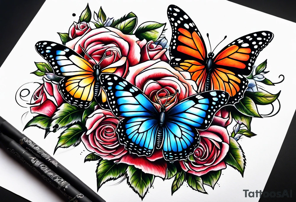 Butterflies flying on roses tattoo idea