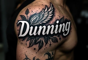 Dunning, Details include on left arm, name in white color,angel wing, wet jungle leaves,cool font, galaxy background filling, tattoo idea