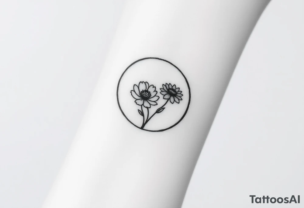 Small black and white tattoo full moon with small chrysanthemum and tiny scorpio gliph inside moon tattoo idea