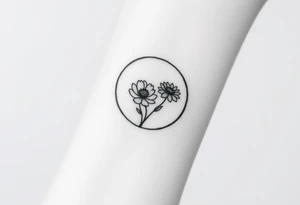 Small black and white tattoo full moon with small chrysanthemum and tiny scorpio gliph inside moon tattoo idea