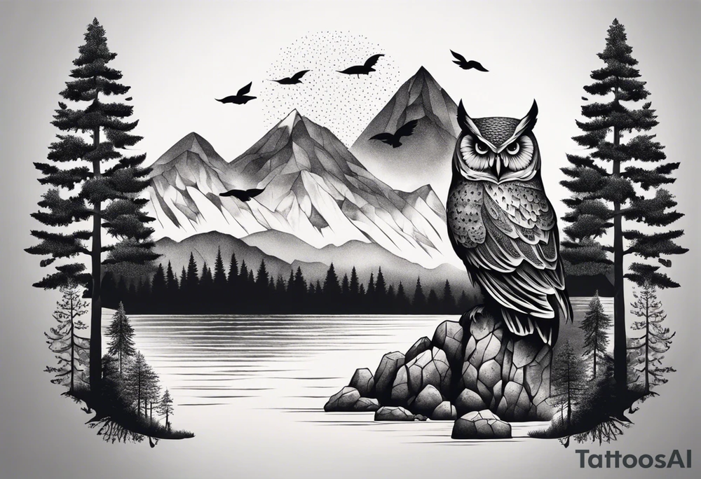 Large owl with trees mountains rocks and water.  Sky with clouds tattoo idea