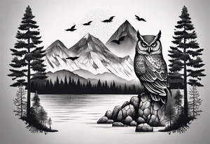 Large owl with trees mountains rocks and water.  Sky with clouds tattoo idea