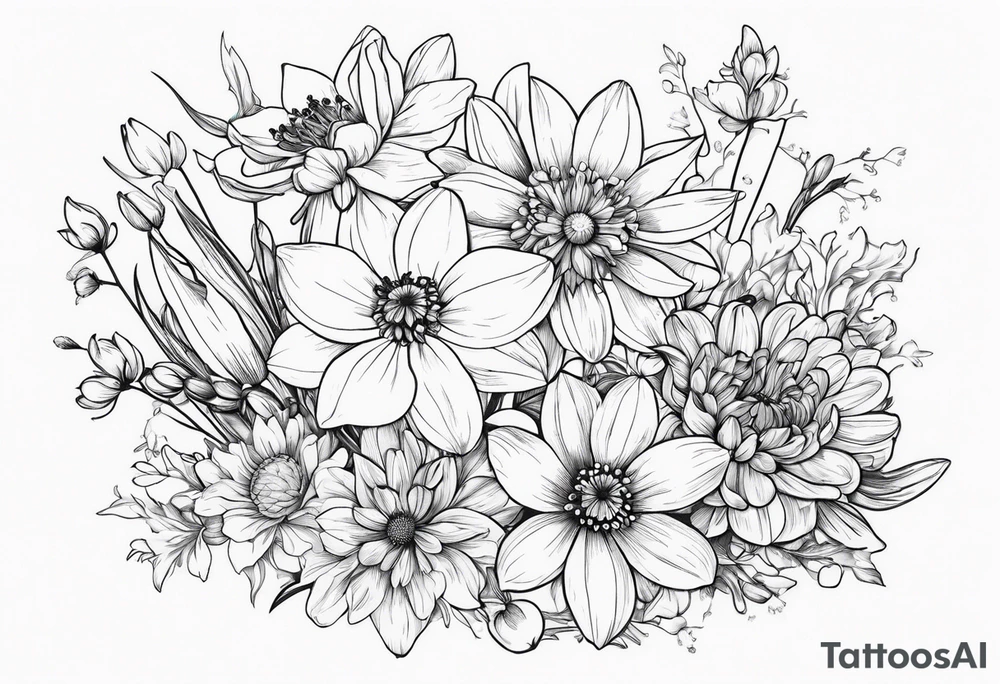Narcissus, CHRYSANTHEMUM, COSMOS, SNOW DROP flowers in a bouquet tattoo idea