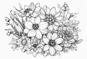 Narcissus, CHRYSANTHEMUM, COSMOS, SNOW DROP flowers in a bouquet tattoo idea