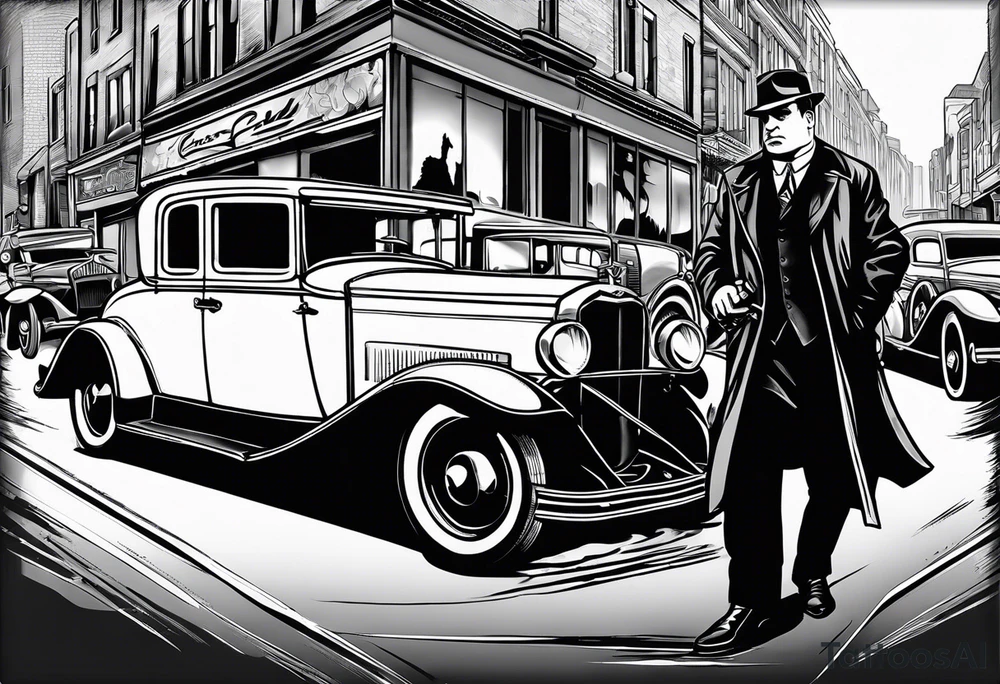 Al Capone style gangsters fighting with machine guns, set with a 1930s city street background, include a 1930's car in the background , flames and and smoke tattoo idea