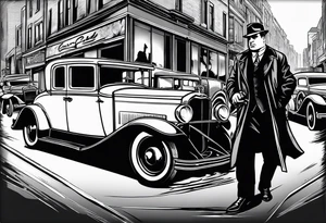 Al Capone style gangsters fighting with machine guns, set with a 1930s city street background, include a 1930's car in the background , flames and and smoke tattoo idea