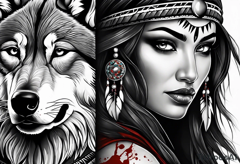 dark photo realistic woman, native american, wolf, blood tattoo idea