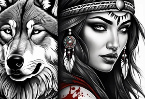 dark photo realistic woman, native american, wolf, blood tattoo idea