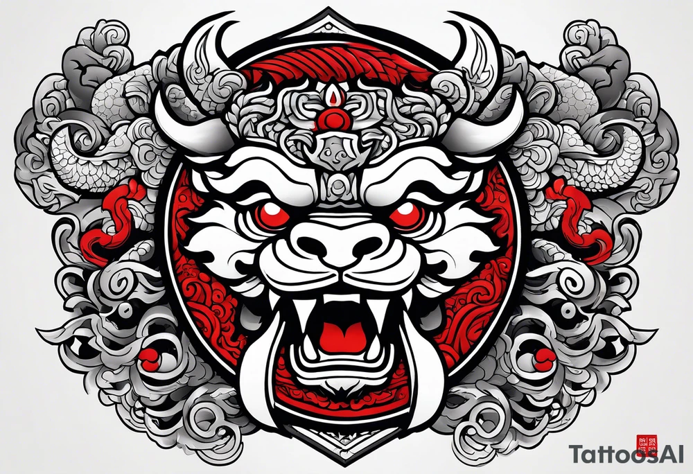 Black and white, grey with red and scarlet accent. Japanese Shisa Okinawa, Thai yak/giant and Thai naga. Image of protection. tattoo idea