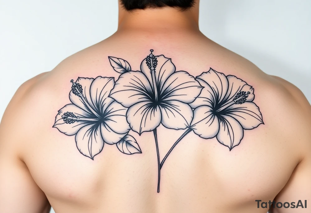 Three hibiscus flowers botanical big tattoo. FINE LINE tattoo idea