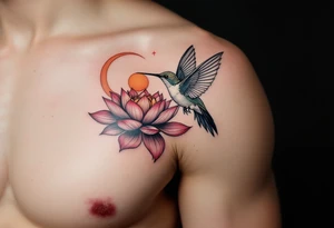 A hummingbird drinking from a lotus flower with one wing made of light (sun disc) and the other made of shadow (crescent moon) (red and black only) tattoo idea