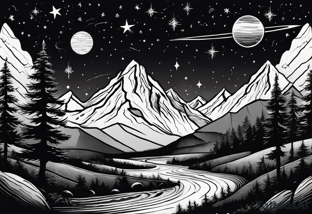 Mountains with planets and stars in the background tattoo idea Mountains with planets and stars in the background tattoo idea