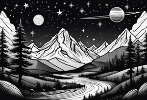 Mountains with planets and stars in the background tattoo idea