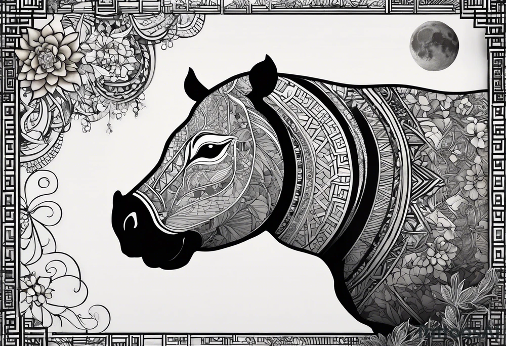 Very asymmetrical, +geometric pattern, with realistic full moon, with hippo at side look, +tribal, +geometric, +inkart , +blackwork, +grey scale, + sketch
with wintersweet flower bud, +inkart touch, +for men, detailed , combined favourite tattoo idea