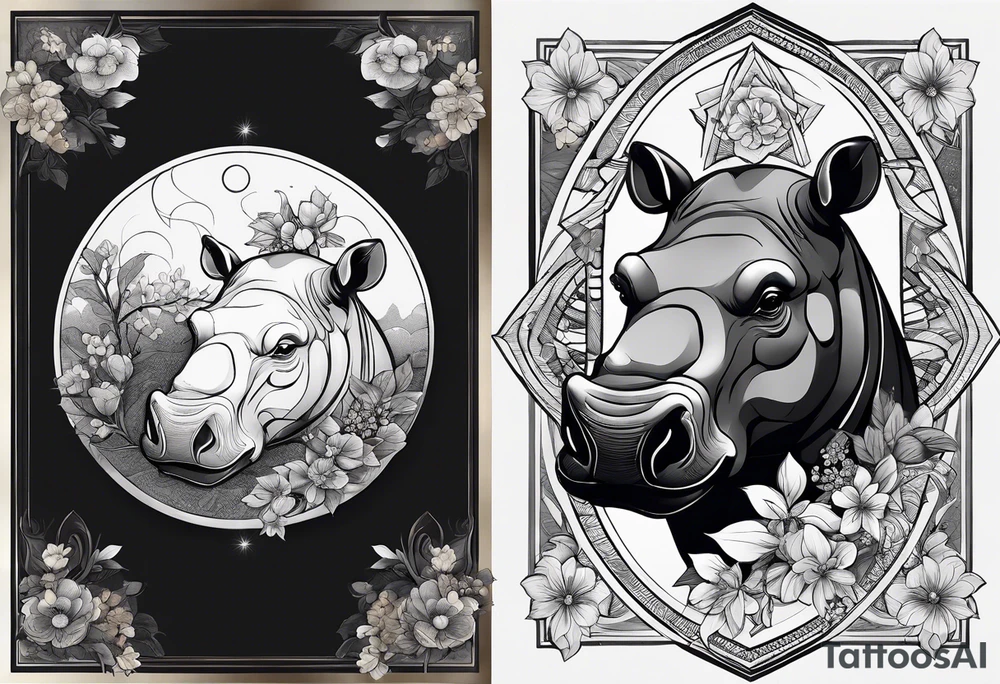 Very asymmetrical, +geometric pattern, with realistic full moon, with hippo head looking back ,
with wintersweet flower bud, +portrait orientation, +inkart touch, tattoo idea