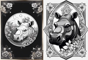 Very asymmetrical, +geometric pattern, with realistic full moon, with hippo head looking back ,
with wintersweet flower bud, +portrait orientation, +inkart touch, tattoo idea