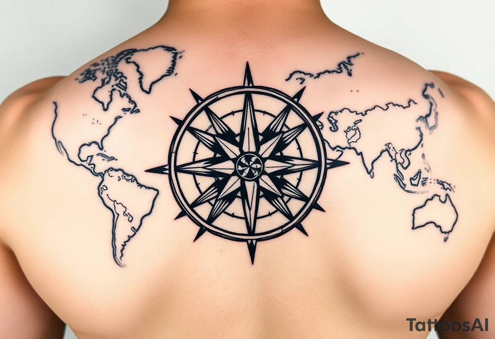 antique compass rose overlaid on weathered world map with sailing ships tattoo idea