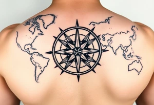 antique compass rose overlaid on weathered world map with sailing ships tattoo idea