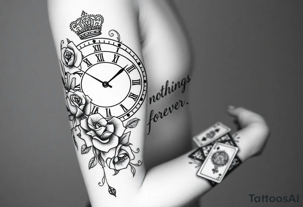 Roman clock with roses and a crown,  a quote that says nothings forever. and on the bottom a deck of cards tattoo idea
