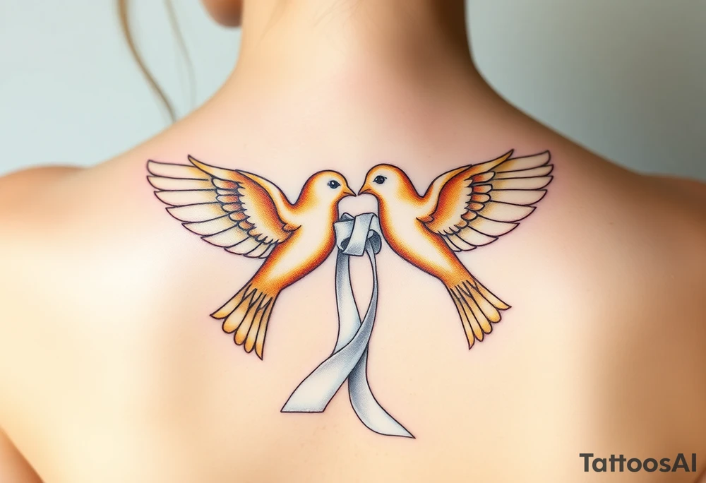 A pair of golden doves holding a soft white silk ribbon, with their wings gently touching tattoo idea