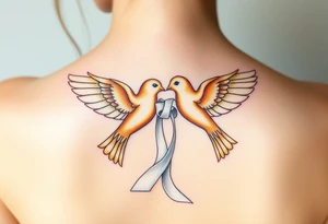 A pair of golden doves holding a soft white silk ribbon, with their wings gently touching tattoo idea