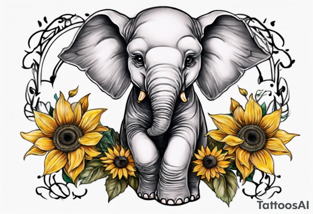 Under boob sternum baby elephant with sunflowers tattoo idea