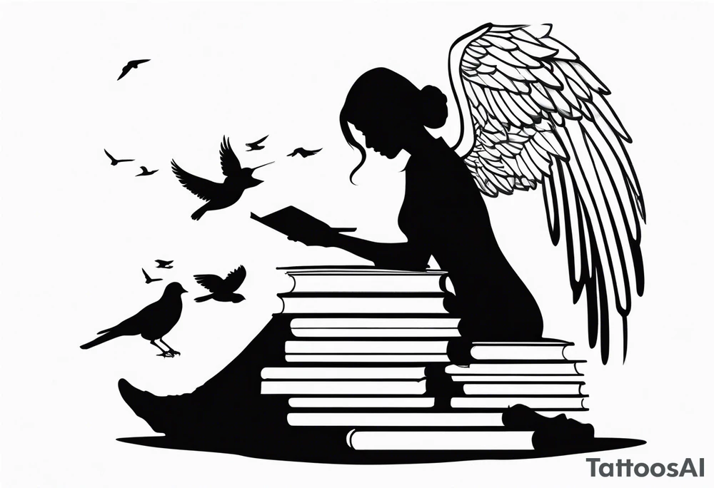 Kneeling Girl with angel wings, side profile, holding a stack of books that are open with silhouettes of birds flying out of them. Smaller and more  minimalistic. tattoo idea