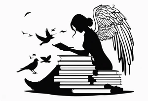 Kneeling Girl with angel wings, side profile, holding a stack of books that are open with silhouettes of birds flying out of them. Smaller and more  minimalistic. tattoo idea