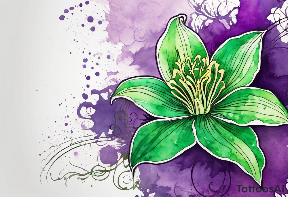 A mystical outline of a green rio dipladenia flower and a green/purple watercolor splatter in the background tattoo idea