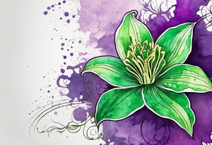 A mystical outline of a green rio dipladenia flower and a green/purple watercolor splatter in the background tattoo idea