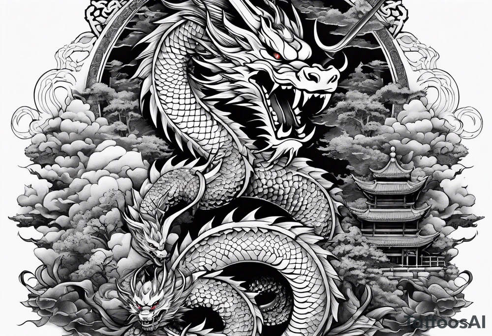 Dragón and samurai in zen circule, tori gate tattoo idea