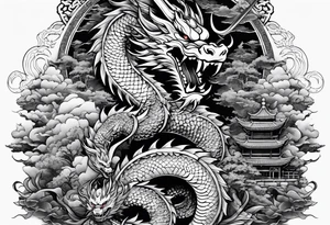 Dragón and samurai in zen circule, tori gate tattoo idea