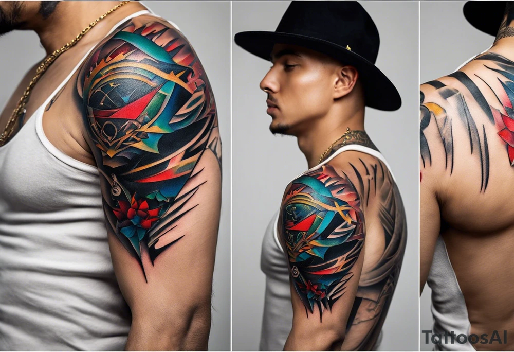 Wide tattoo that appears to be bursting out of the skin, symbolizing freedom. The tattoo should be vibrant and dynamic, with bold lines and colors that evoke a sense of liberation and empowerment. Consider incorporating elements such as broken chains, or other symbols of freedom. The tattoo should be visually striking and thought-provoking, inviting the viewer to reflect on the importance of personal freedom. tattoo idea