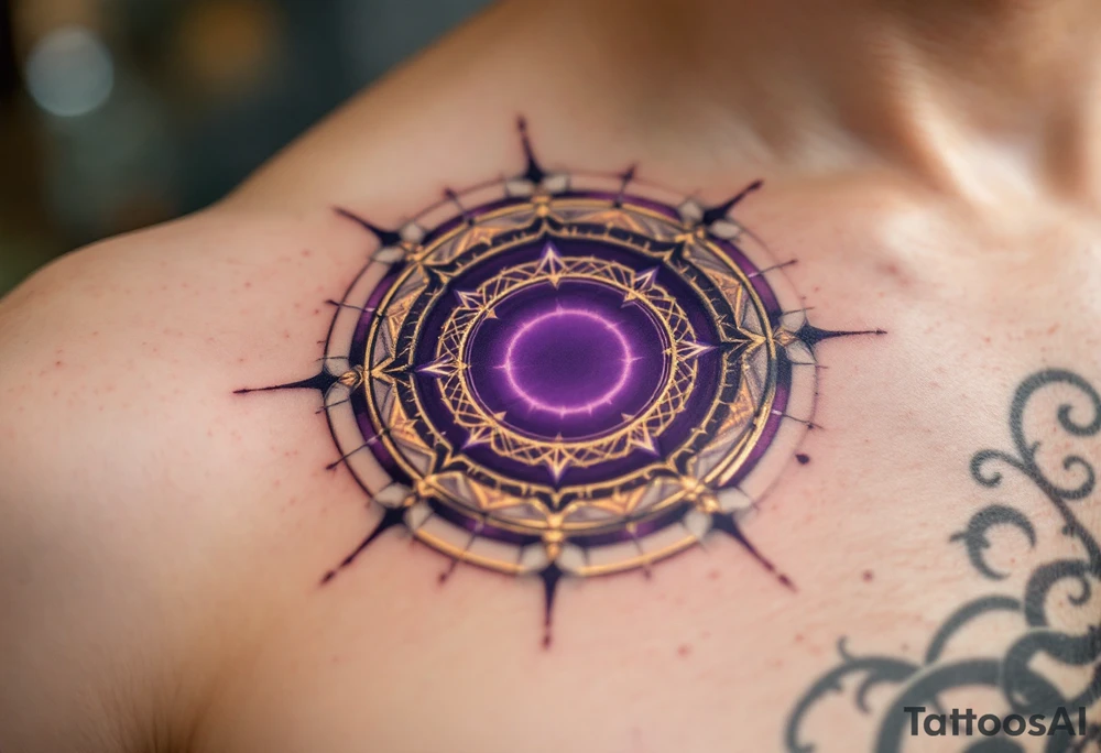 A dark violet magic circle with golden protective markings and layered spell rings. tattoo idea