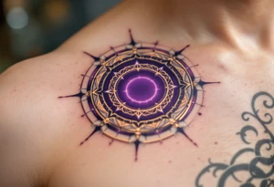 A dark violet magic circle with golden protective markings and layered spell rings. tattoo idea