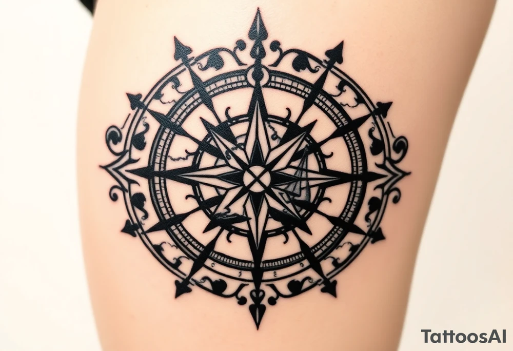 antique compass rose overlaid on weathered world map with sailing ships tattoo idea