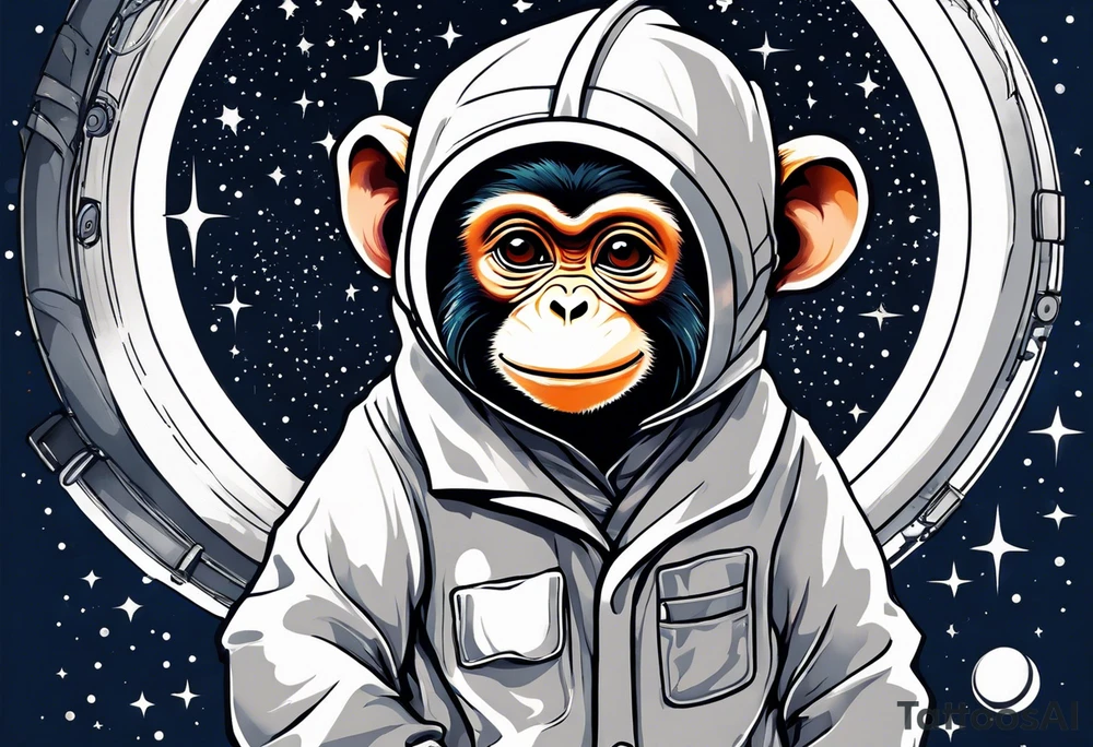 Small baby monkey in a lab coat looking up at the stars through a telescope tattoo idea